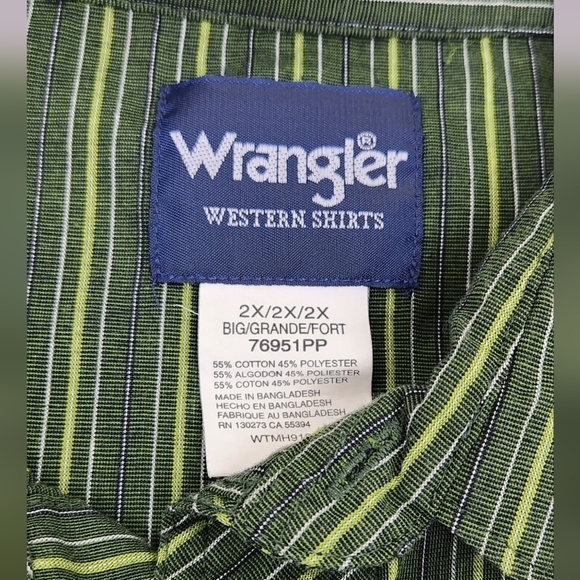 Wrangler Green Striped Western Pearl Snap Lightweight Button Down Shirt. 2X - Picture 2 of 6